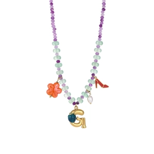 Detail of colorful beaded necklace featuring a red high heel and floral charm