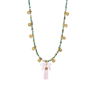 Perlenkette aus Naturstein mit goldenem Kokosnussbaum-Anhänger und rosa Steineinlage
