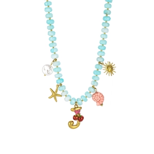 Detail of blue beaded necklace with sea star, sun pendants and gold letter J charm