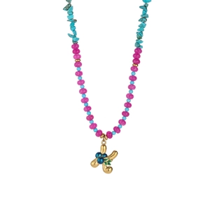 Detail of colorful beaded necklace with turquoise stones and gold shell-shaped pendant
