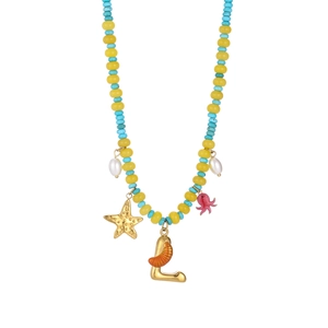 Detail of beaded ocean necklace with colorful beads, starfish charm, and letter L pendant