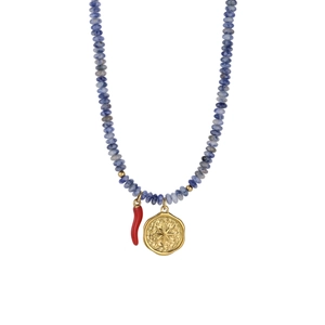 Collana di perline blu con ciondolo peperoncino rosso e medaglia a stella dorata