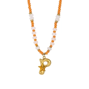 Detail of orange and white beads with gold letter P pendant and yellow starfish charm