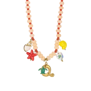 Detail of beaded ocean necklace featuring red starfish and green turtle charms