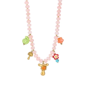Detail view of Ocean style beaded necklace with colorful pendants like shell and sun