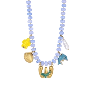 Detail of ocean-themed beaded necklace with sea turtle, dolphin and whale charms