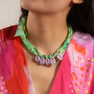 Bohemian Scarf Necklace Bracelet Set Titanium Steel Shell Pendant Green Satin Fabric Summer Beach Jewelry For Women