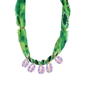 Green bandana fabric necklace with purple shell pendants for beach vacation styling