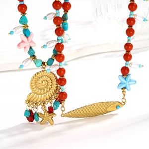 Collier Bohème à Künstliche Perles Thème Océan Acier Inoxydable Coquillage Künstliche Perle Imitation Turquoise Pendentif Poisson Nautilus Bijoux