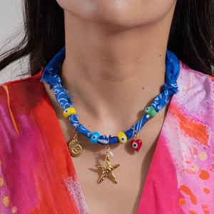 Bohemian Titanium Steel Starfish Conch Evil Eye Necklace Bandana Fabric Beach Holiday Beaded Jewelry For Women