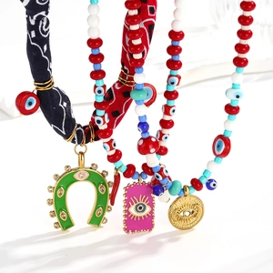 Bohemian Stainless Steel Beaded Evil Eye Necklace Bandana Fabric Horseshoe Charm Ethnic Rhinestone Necklace For Women Jewelry