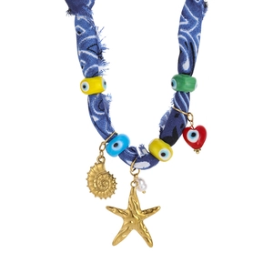Bohemian blue bandana necklace with colorful evil eye beads and starfish shell charms