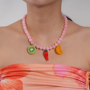 Titanium Steel Pink Beaded Necklace With Kiwi Chili Orange Fruit Charms Fashion Dopamine Beach Jewelry For Women