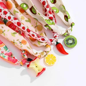 Titanium Steel Fruit Scarf Necklace For Women Colorful Lemon Kiwi Apple Chili Pendant Printed Polyester Fabric Ribbon Choker Beach Jewelry