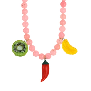 Pink beaded necklace with fruit charms featuring kiwi, chili, and orange on white background