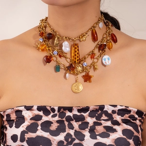 Bohemian Stainless Steel Leopard Heart Sun Pendant Necklace Vintage Tiger's Eye Natural Stone Artificial Pearl Jewelry