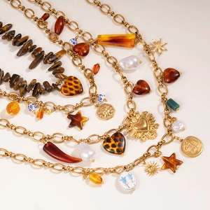 Bohemian gold chunky chain necklaces with leopard heart, sun, and tiger eye pendants