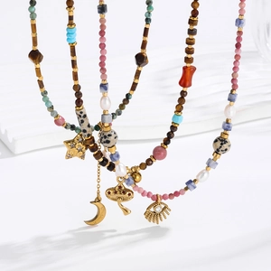 Bohemian Handmade Multi Material Beaded Necklace With Mushroom Evil Eye Star Moon Titanium Steel Pendant Jewelry For Women