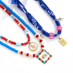 Colorful Evil Eye stainless steel beaded necklace set with bohemian charms for women