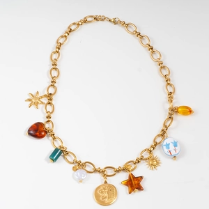 Vintage gold chain necklace with leopard stone heart and sun pendants for summer vacation