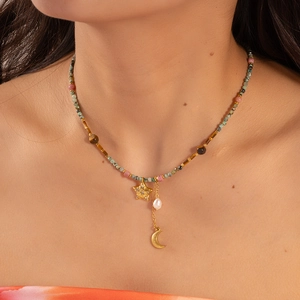 Beaded necklace with tiger eye, moon and star pendants for punk style holiday gifts