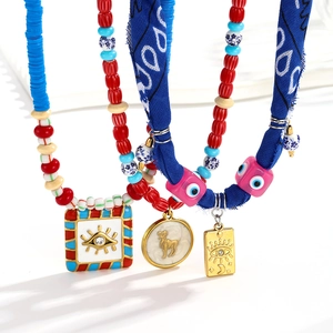 Bohemian Stainless Steel Beaded Necklace Colorful Evil Eye Pendant Ethnic Style Women Beach Vacation Holiday Jewelry Gift