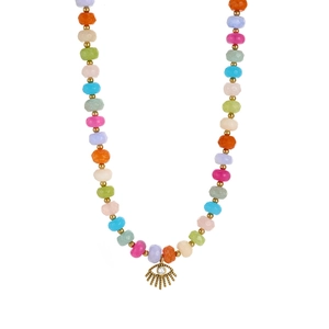 Detailed shot of colorful beaded necklace featuring a golden Evil Eye charm with zircon