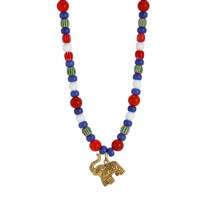 Handmade colorful beaded necklace with a detailed gold elephant pendant for beach festivals