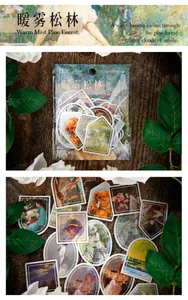 Dettaglio macro di adesivi PET pittura a olio vintage Warm Mist Pine per scrapbooking