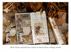 Vue macro d'autocollants en dentelle vintage et papier collage papillon pour le journaling