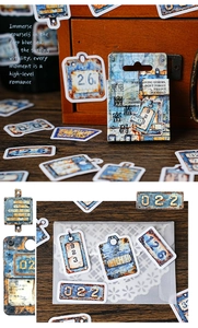 Primer plano de pegatinas industriales vintage con textura oxidada y números en azul