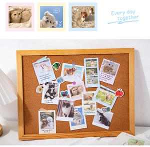 Detail of wooden cork board showing cat and dog photos and decorative pet stickers