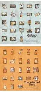 Makroansicht von Industrie-Retro-Aufklebern mit Metalltextur und Nummerierung