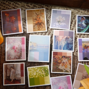 Retro oil painting stickers collection with vintage art cards and color palette swatches