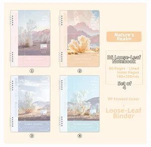 Lot de quatre carnets B5 en PP givré avec motifs de paysages naturels et reliure à anneaux