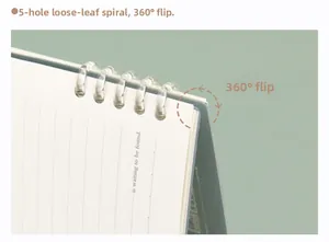 Détail de la reliure spirale à 5 trous et rotation à 360 degrés sur carnet vert