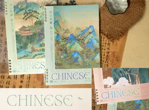 Gros plan d'un carnet à spirale B5 vintage avec peinture de paysage chinois classique