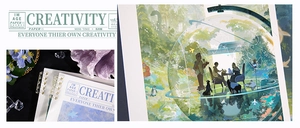 Détail macro du carnet thématique avec illustrations de forêt enchantée et de baleines
