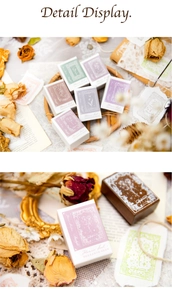 Detail display of vintage floral wooden stamps for DIY scrapbooking and crafts