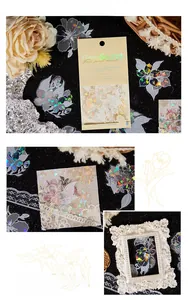 Dettaglio di adesivi olografici floreali per scrapbooking con effetto a conchiglia lucida