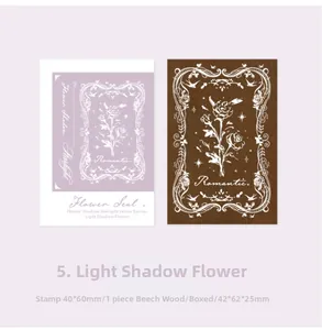 Detail view of floral wooden rubber stamp made of beech wood for DIY scrapbooking