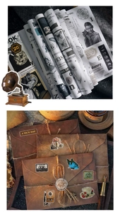 Nahaufnahme von Vintage-Scrapbooking-Set mit antiken Illustrationen und Zeitungsmotiven