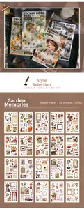 Panoramica dettagliata degli adesivi vintage da giardino con 20 disegni in carta washi