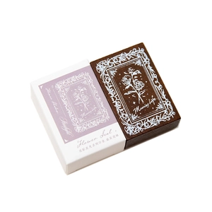 Retro Twilight Flower wood seal stamp with rose engraving and purple gift box