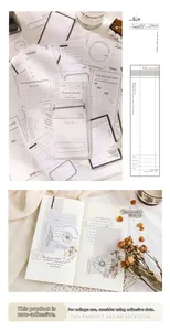Vista dettagliata di vari design di carta per scrapbooking vintage e note memo funzionali