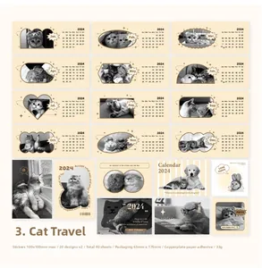 Detailed grid display of 40 vintage cat calendar stickers for DIY scrapbooking decor