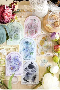 Macro shot of vintage PET floral stickers with lace and aesthetic retro decorations