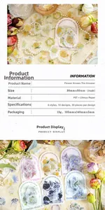 Floral PET stickers detail showing technical specs and artistic botanical designs