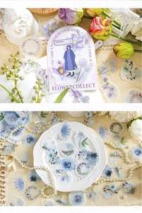 Close-up of vintage flower stickers with lavender and rose patterns for journaling