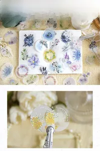 Macro detail of translucent floral stickers with silver foil accents for scrapbooking